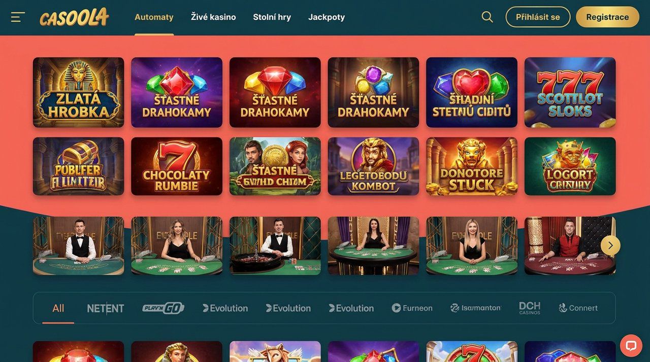 Úvodní stránka online kasina Casoola s nabídkou automatů, živého kasina a jackpotů