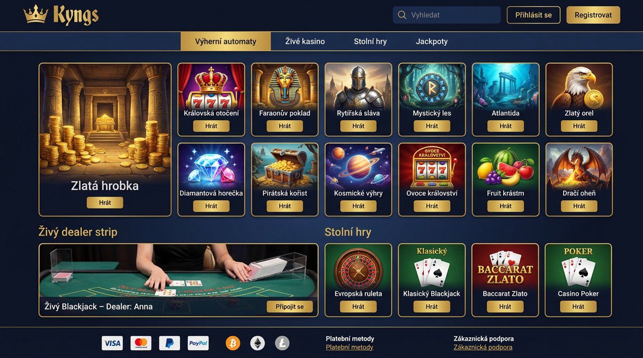 Snímek obrazovky hlavní stránky online kasina Kyngs