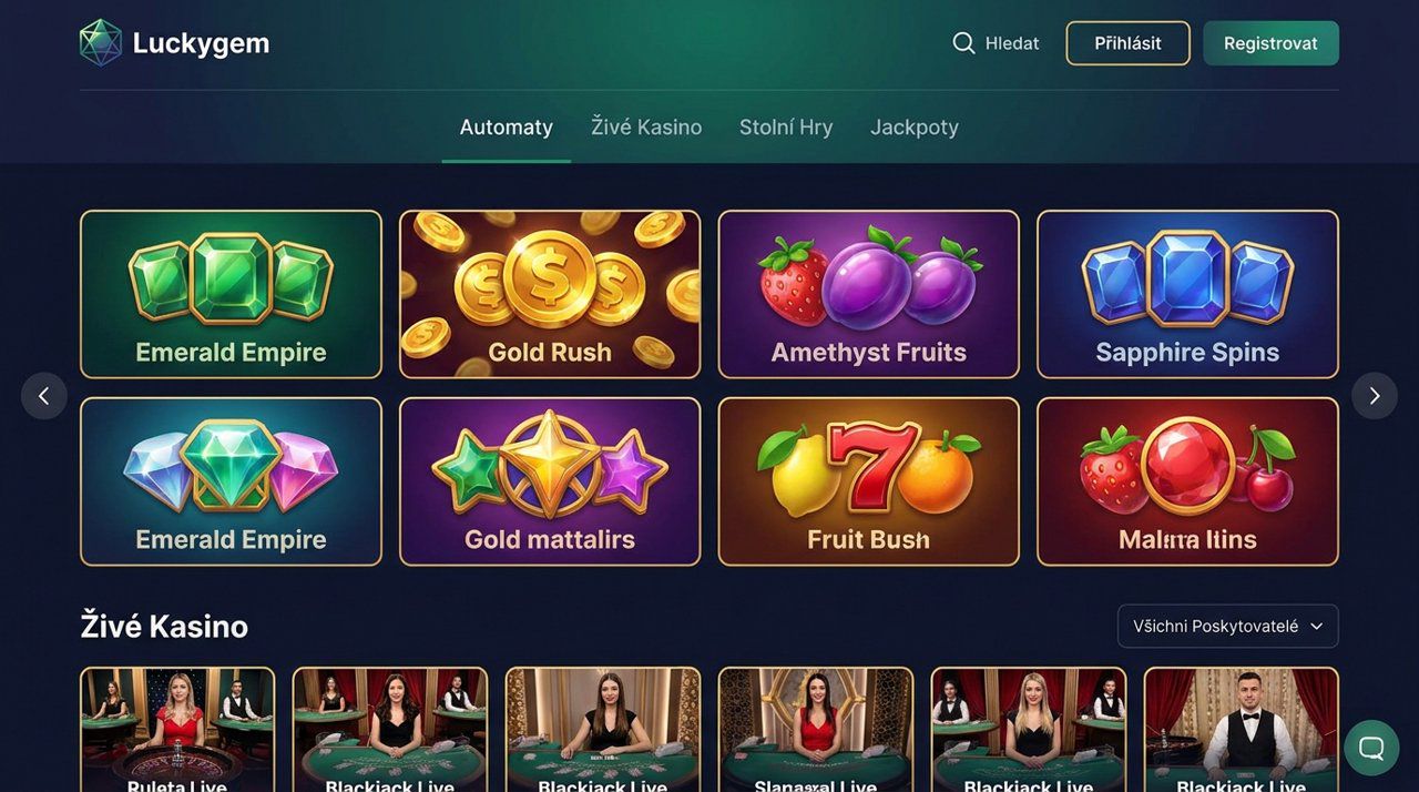 Úvodní stránka online kasina Luckygem s nabídkou automatů a živého kasina