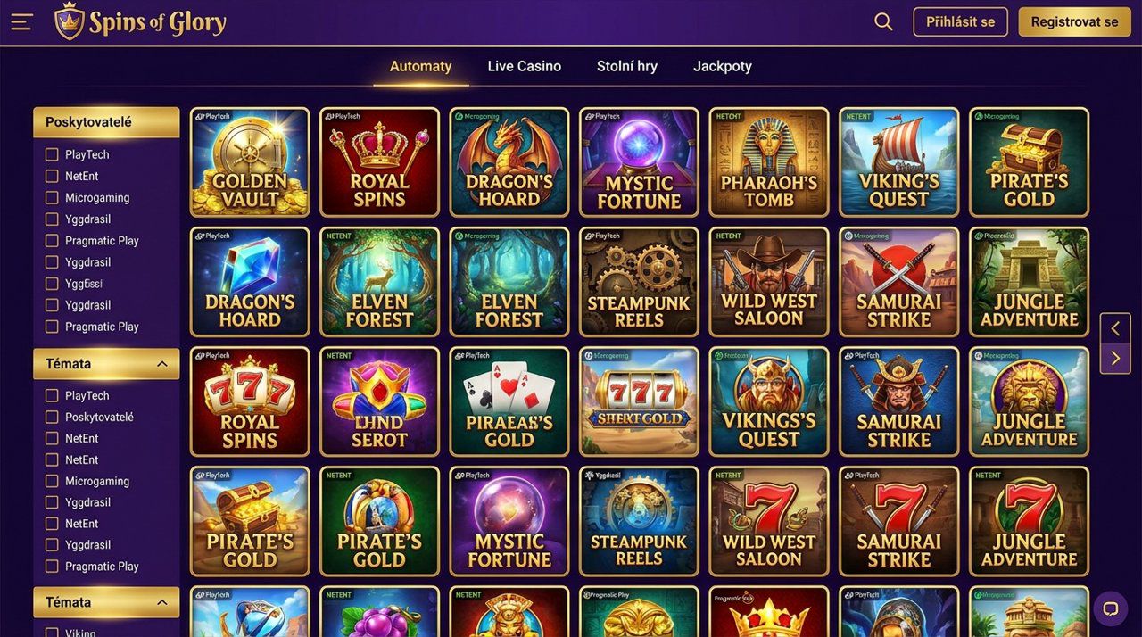 Ukázka hlavní stránky online kasina Spins of Glory s kategoriemi her