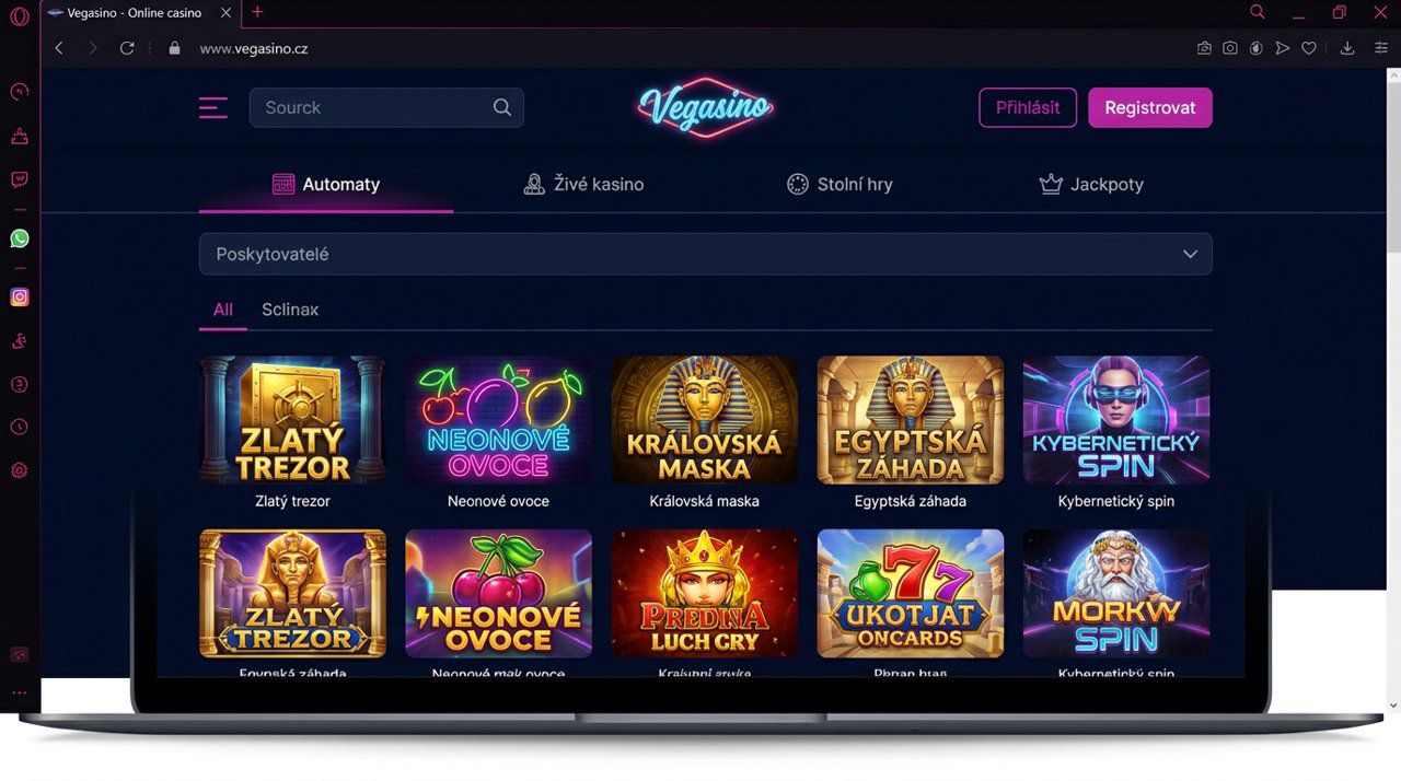 Snímek domovské stránky kasina Vegasino s kategoriemi her a nabídkou automatů