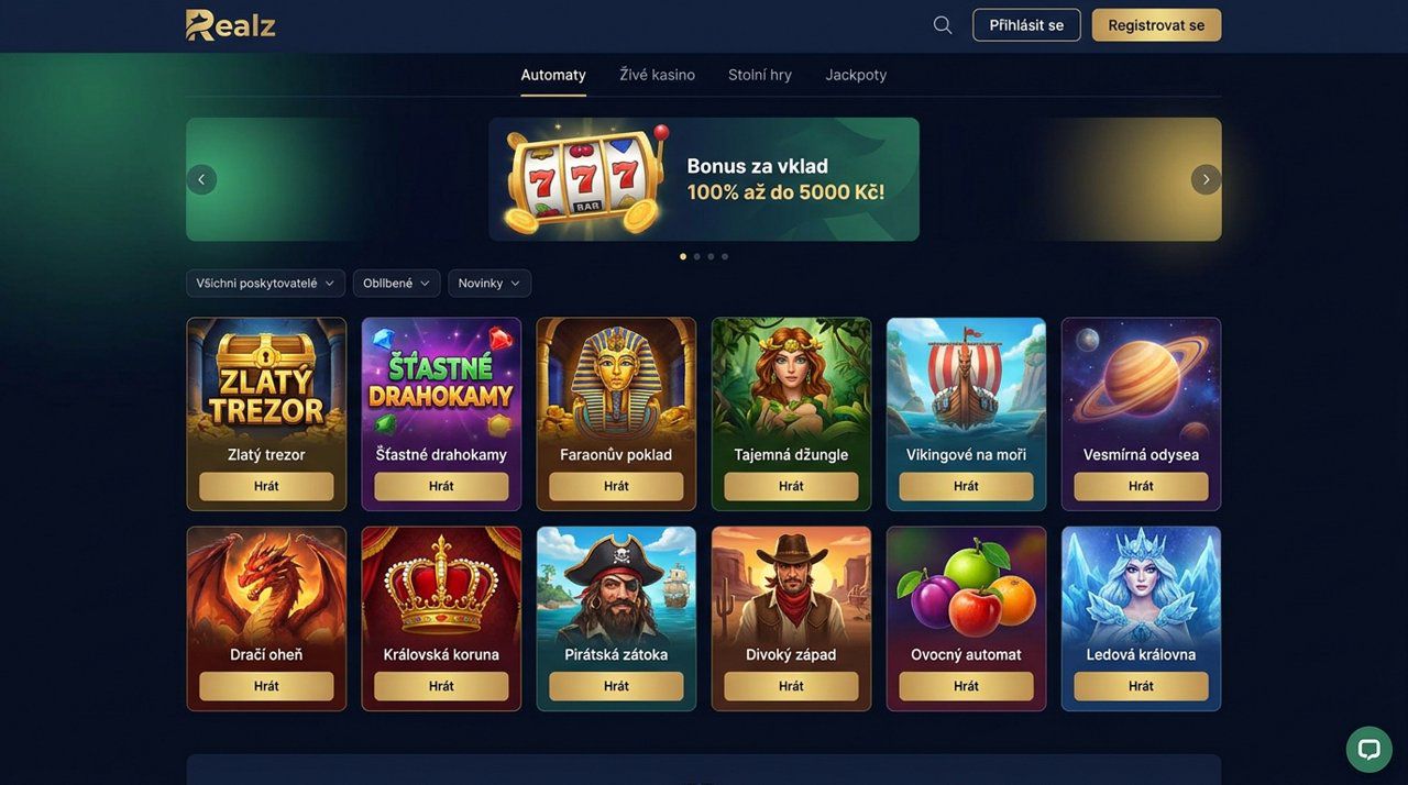 Ukázka hlavní stránky online kasina Realz s nabídkou automatů a živého kasina