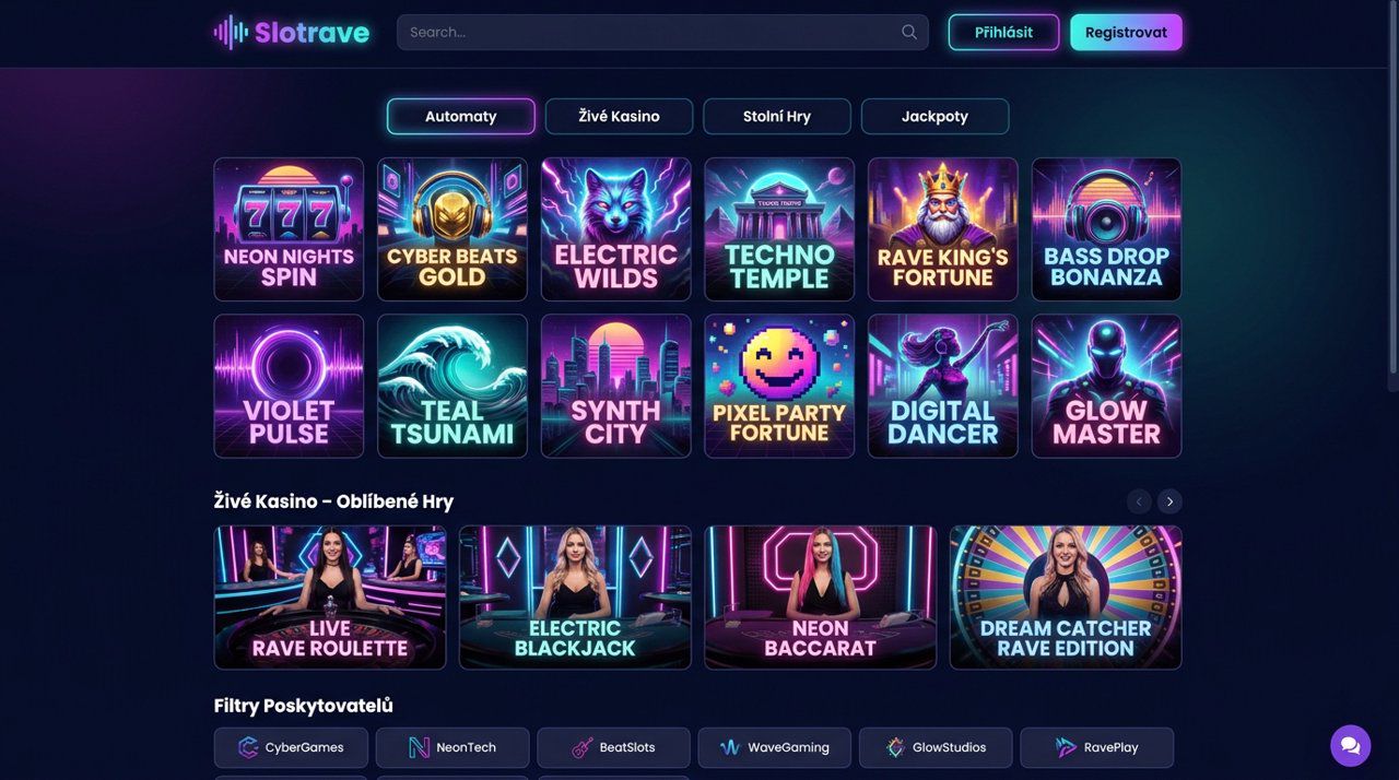 Úvodní stránka online casina Slotrave s nabídkou automatů a živého kasina